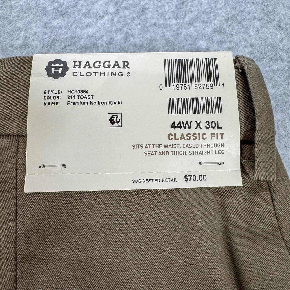 Haggar Pants Mens 44x30 Beige Premium No Iron Khaki Classic Fit Stretch NEW $70